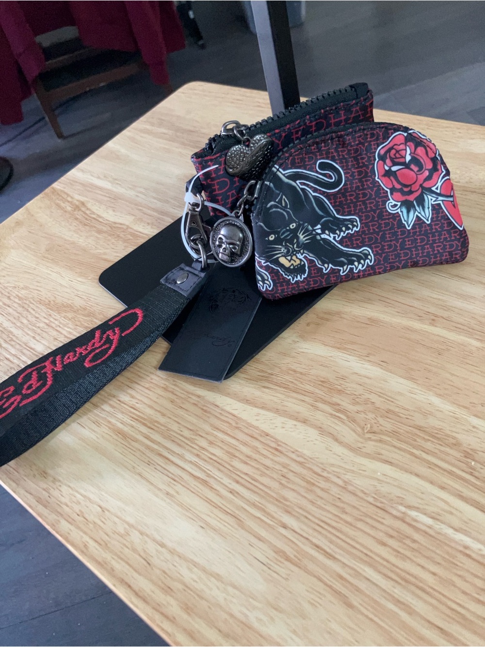 Ed Hardy Black Wristlet Key With 2 Pouches Coin/Card Holder with Red Rose Accent